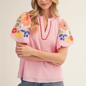 Embroidered Pink Blouse with Floral Sleeves